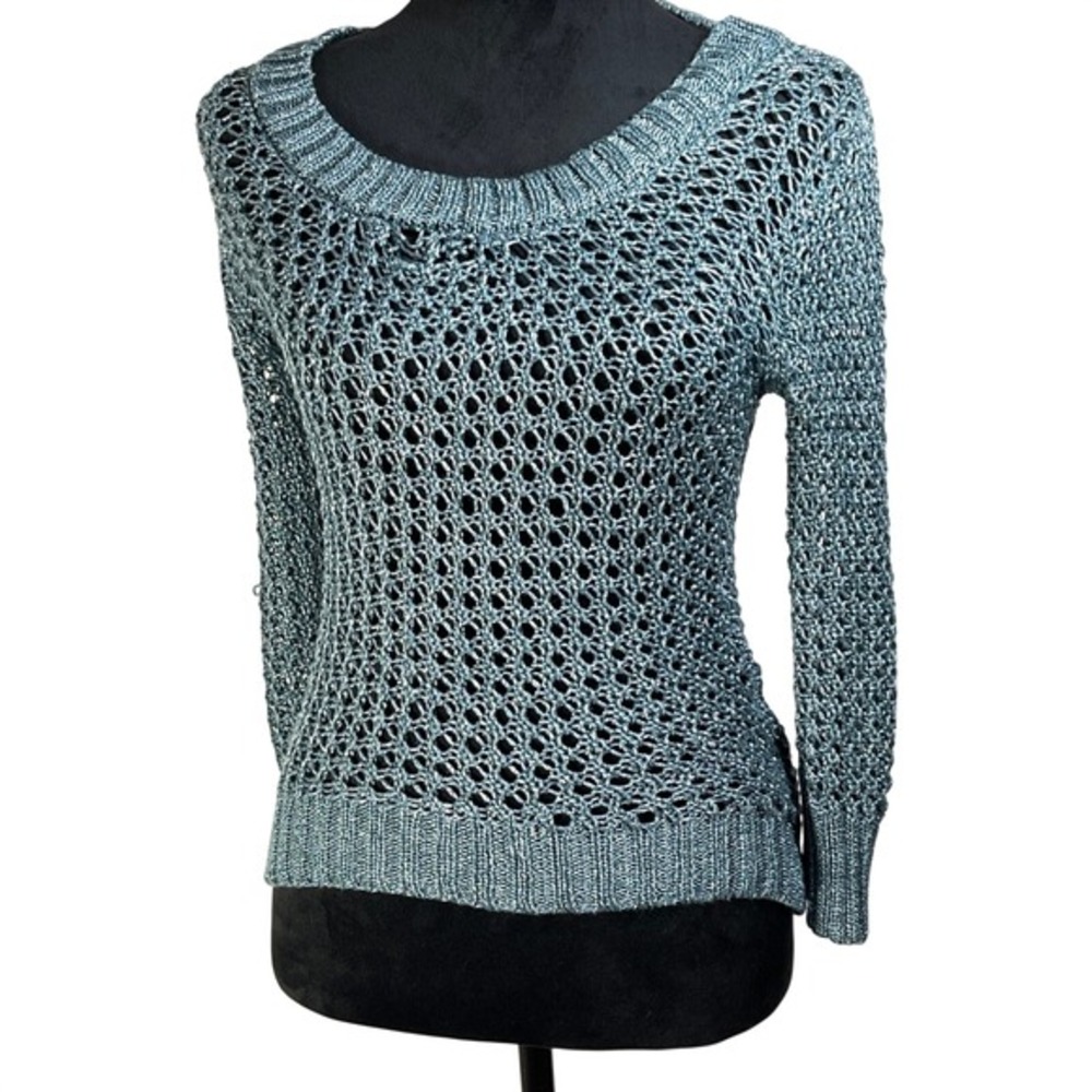 Rue21 Metallic Blue Open Knit Sweater‎ Scoop Neck Shimmer Top mermaidcore Y2K